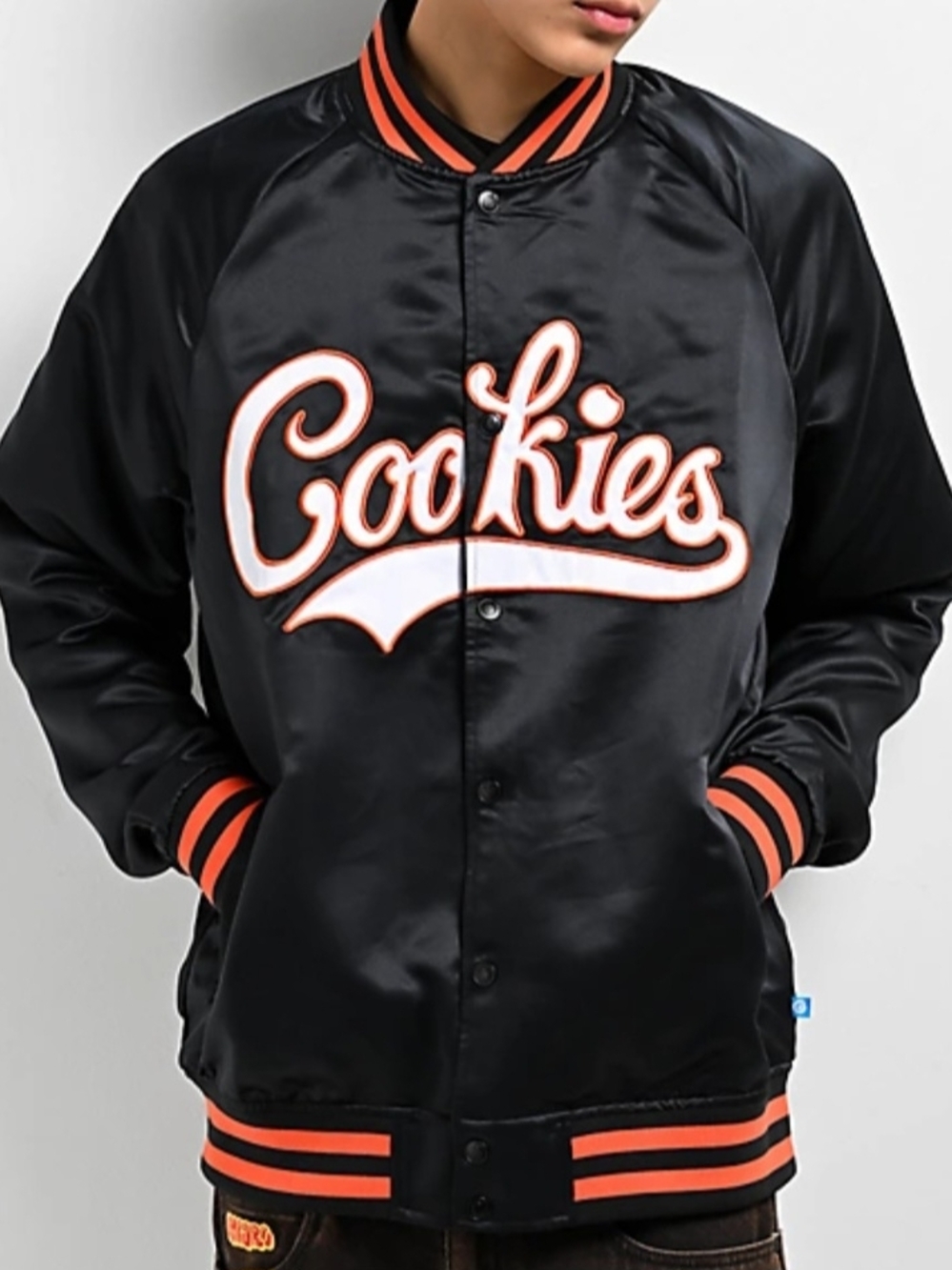 Cookies Black/Orange Satin Jacket with and White Script Sizes S /M/L New $85 - Picture 1 of 9